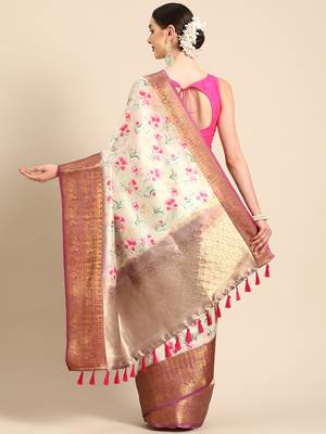 Silk Land  Beige  Digital Print Art Silk Saree  2
