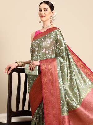 Silk Land  Mahendi  Digital Print Art Silk Saree  1