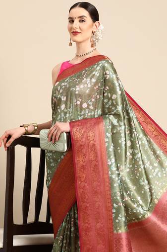 Silk Land  Mahendi  Digital Print Art Silk Saree 
