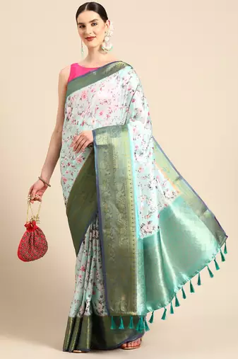 Silk Land  Sea Green  Digital Print Art Silk Saree 