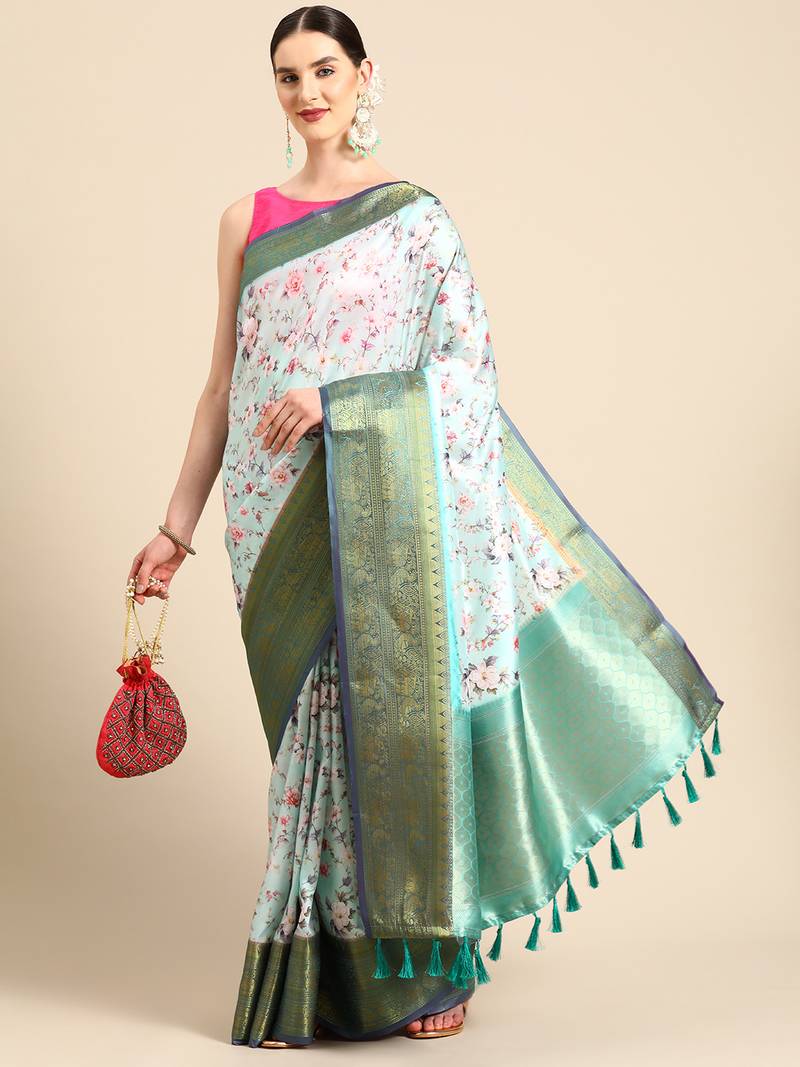 Silk Land  Sea Green  Digital Print Art Silk Saree 