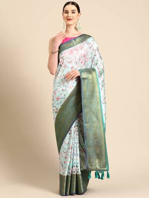 Silk Land  Sea Green  Digital Print Art Silk Saree  2