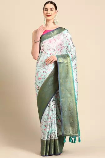 Silk Land  Sea Green  Digital Print Art Silk Saree 