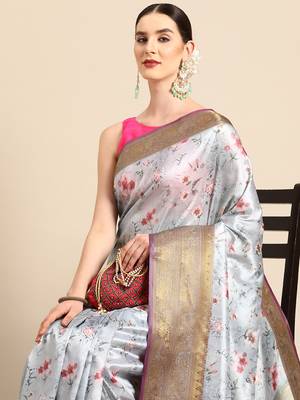 Silk Land  Grey  Digital Print Art Silk Saree  1