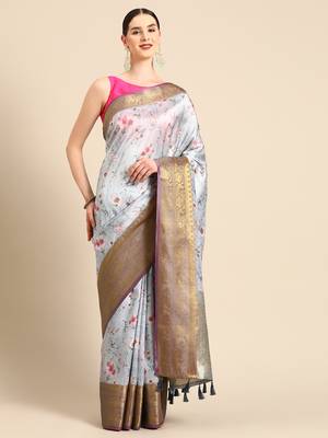 Silk Land  Grey  Digital Print Art Silk Saree  2