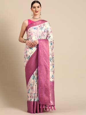 Silk Land  Off White  Digital Print Art Silk Saree  1
