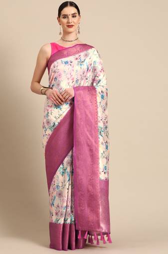 Silk Land  Off White  Digital Print Art Silk Saree 
