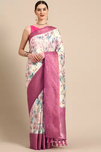 Silk Land  Off White  Digital Print Art Silk Saree 