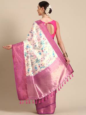 Silk Land  Off White  Digital Print Art Silk Saree  2
