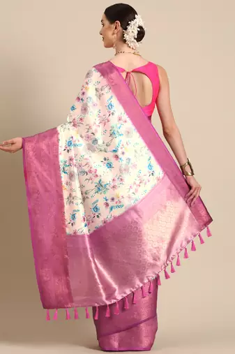 Silk Land  Off White  Digital Print Art Silk Saree 