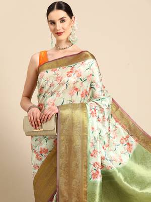 Silk Land  Parrot Green  Digital Print Art Silk Saree  1