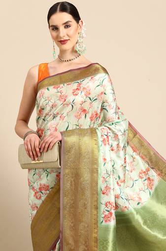 Silk Land  Parrot Green  Digital Print Art Silk Saree 