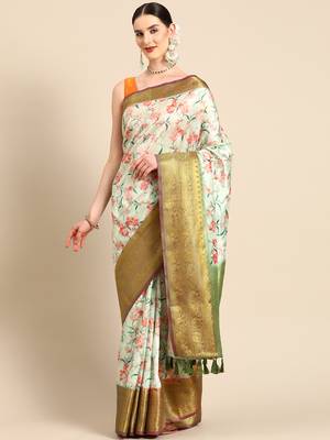 Silk Land  Parrot Green  Digital Print Art Silk Saree  2