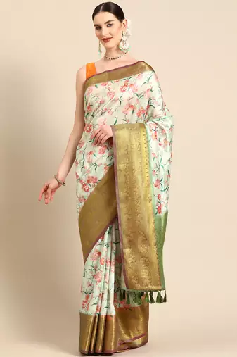 Silk Land  Parrot Green  Digital Print Art Silk Saree 