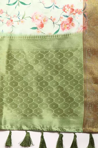 Silk Land  Parrot Green  Digital Print Art Silk Saree 