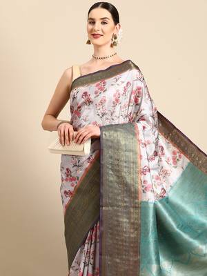 Silk Land  Grey  Digital Print Art Silk Saree  1