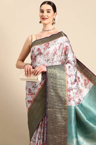 Silk Land  Grey  Digital Print Art Silk Saree 