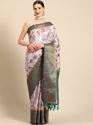 Silk Land  Grey  Digital Print Art Silk Saree  2