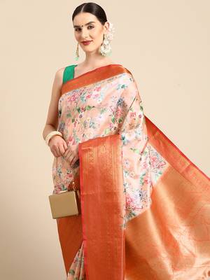 Silk Land  Peach  Digital Print Art Silk Saree  1