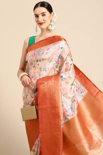Silk Land  Peach  Digital Print Art Silk Saree 