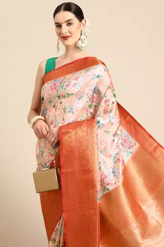 Silk Land  Peach  Digital Print Art Silk Saree 