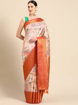 Silk Land  Peach  Digital Print Art Silk Saree  2