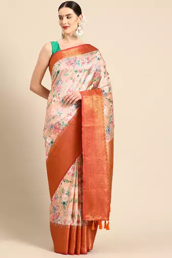 Silk Land  Peach  Digital Print Art Silk Saree 