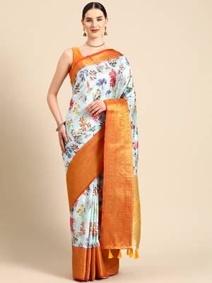 Silk Land  Sky Blue  Digital Print Art Silk Saree  1