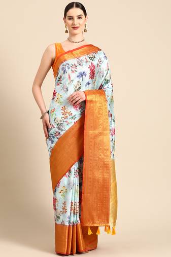 Silk Land  Sky Blue  Digital Print Art Silk Saree 