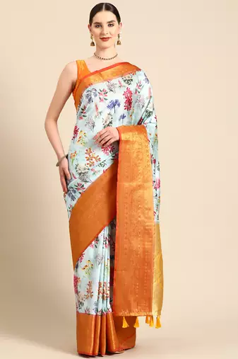 Silk Land  Sky Blue  Digital Print Art Silk Saree 