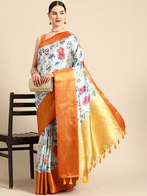 Silk Land  Sky Blue  Digital Print Art Silk Saree  2