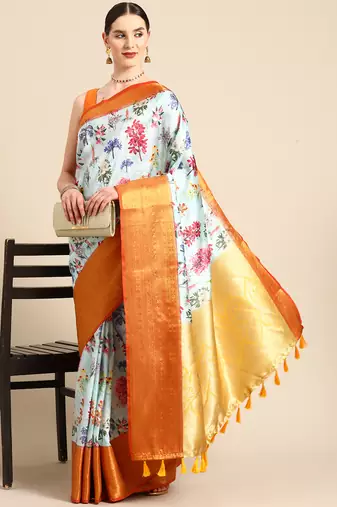 Silk Land  Sky Blue  Digital Print Art Silk Saree 