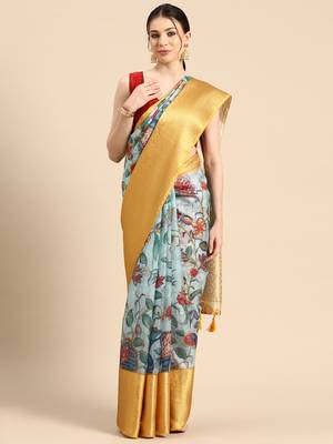 Silk Land  Sky Blue  Digital Print Art Silk Saree  1