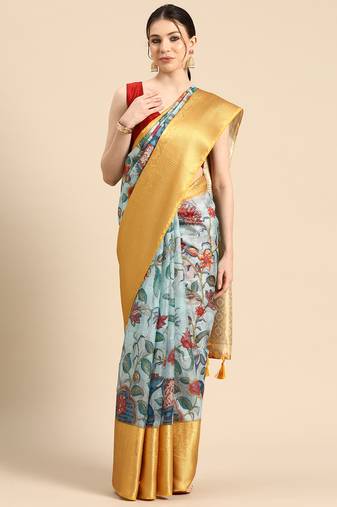 Silk Land  Sky Blue  Digital Print Art Silk Saree 