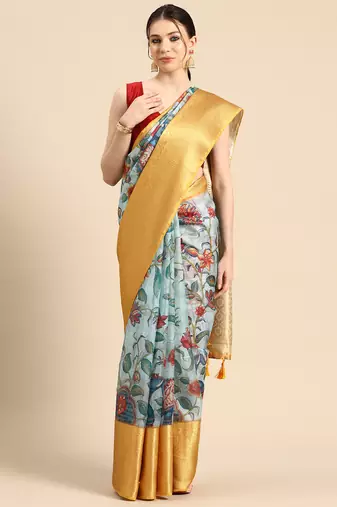 Silk Land  Sky Blue  Digital Print Art Silk Saree 