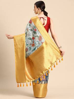 Silk Land  Sky Blue  Digital Print Art Silk Saree  2