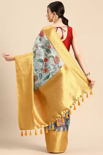 Silk Land  Sky Blue  Digital Print Art Silk Saree 