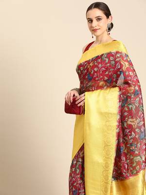 Silk Land  Maroon  Digital Print Art Silk Saree  1