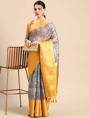 Silk Land  Teal  Digital Print Art Silk Saree  1
