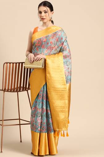 Silk Land  Teal  Digital Print Art Silk Saree 