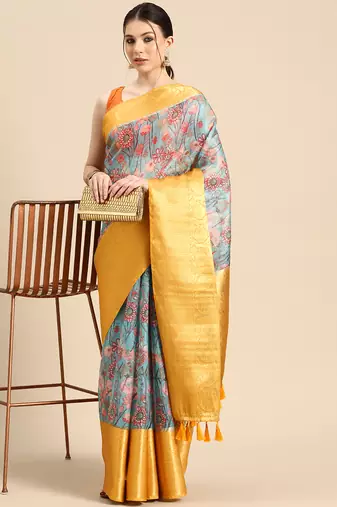 Silk Land  Teal  Digital Print Art Silk Saree 