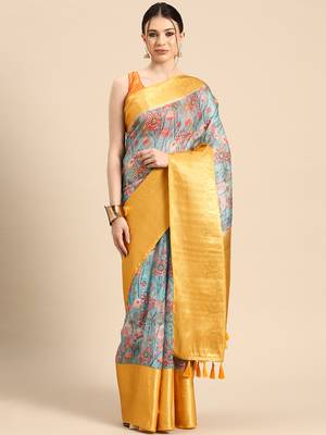 Silk Land  Teal  Digital Print Art Silk Saree  2