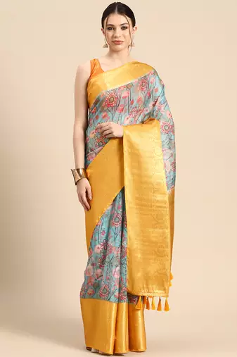 Silk Land  Teal  Digital Print Art Silk Saree 