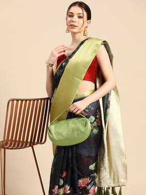 Silk Land  Navy Blue  Digital Print Art Silk Saree  1