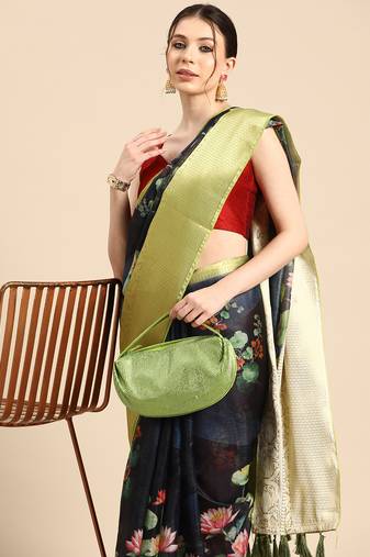 Silk Land  Navy Blue  Digital Print Art Silk Saree 