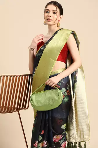 Silk Land  Navy Blue  Digital Print Art Silk Saree 