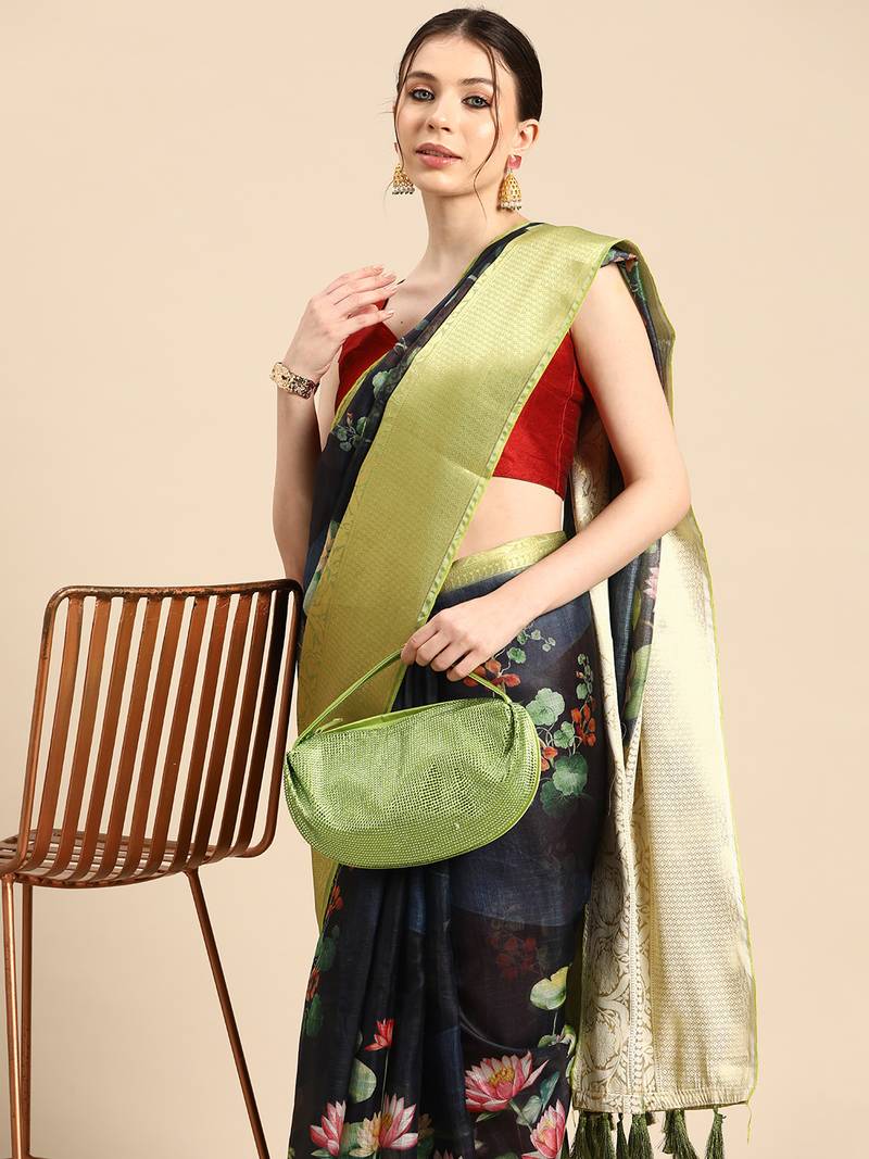 Silk Land  Navy Blue  Digital Print Art Silk Saree 