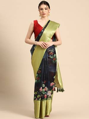 Silk Land  Navy Blue  Digital Print Art Silk Saree  2
