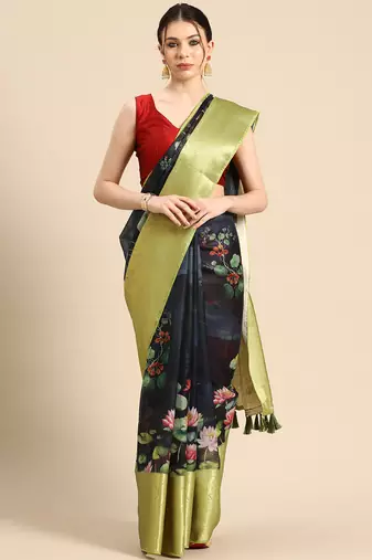 Silk Land  Navy Blue  Digital Print Art Silk Saree 