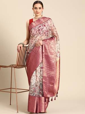 Silk Land  Beige  Digital Print Art Silk Saree  1